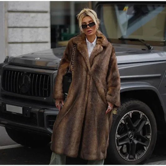 Women Dark Brown Faux Fur Long Overcoat Fleece Trench Coat Winter Fluffy Plush Warm Outerwear