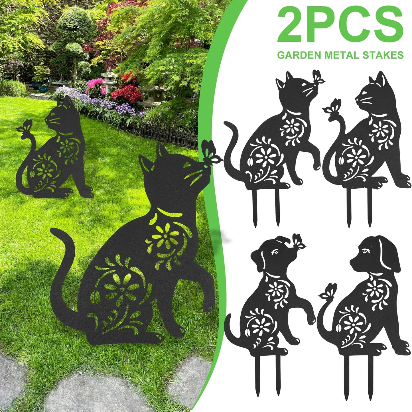 Metal Garden Animal Statues Decorative Cat Dog Lawn Stakes Creative Yard Art for Home Outdoor Garden Yard