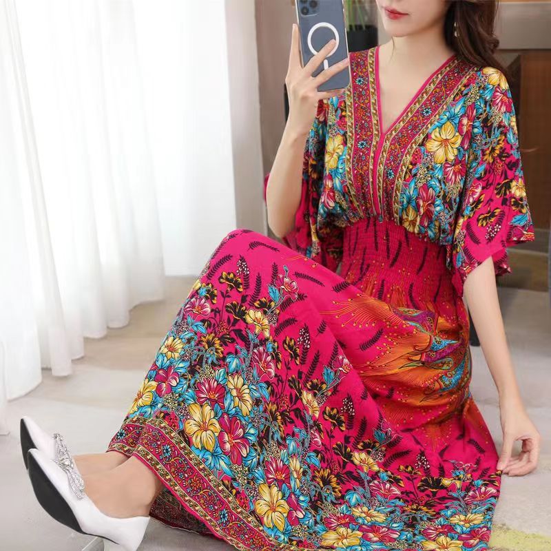 Casual Elegant V-neck Tunic Large Printed Dress Long Skirt