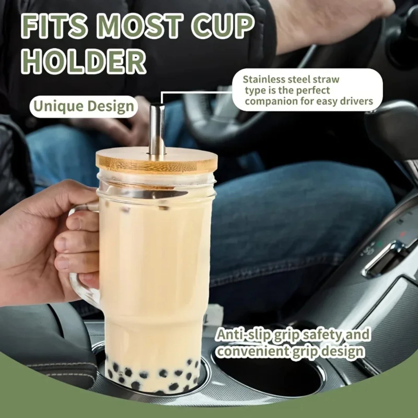 Glass Cup Wooden Lid Transparent Straw Car Mug Drinkware Water Bottle