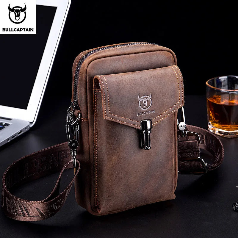 BULLCAPTAIN Men's Crazy Horse Leather Waist Bag Multifunctional 7-inch Mobile Phone Shoulder Messenger Bag Brown Vintage Style