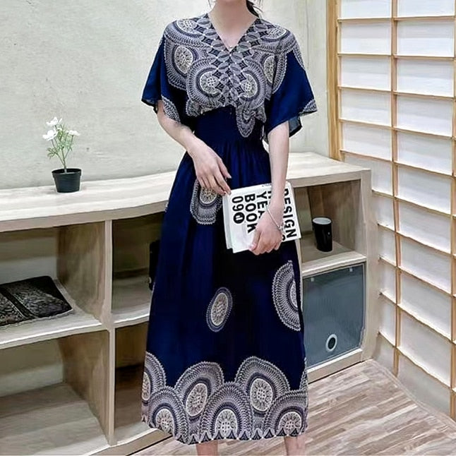 Casual Elegant V-neck Tunic Large Printed Dress Long Skirt