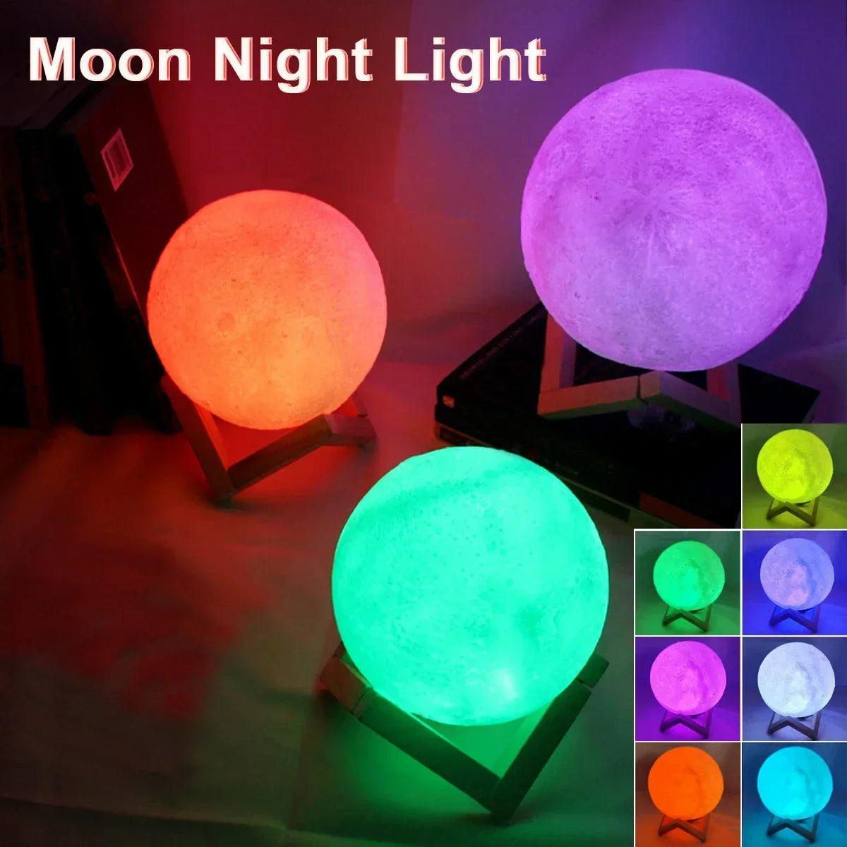 8cm Moon Lamp LED Night Light Battery Powered With Stand Starry Lamp Bedroom Kids Gift Moon Lamp