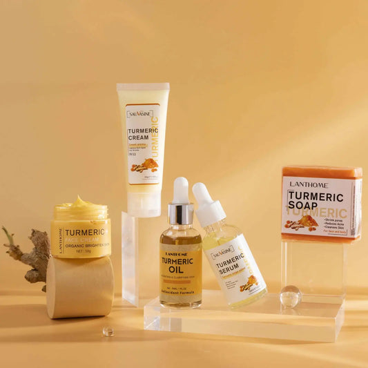 5 Piece Set Turmeric Facial Care for Women - Acne Cleansing Cream Anti-Aging Serum Dark Spot Moisturizer Radiant Skin Care