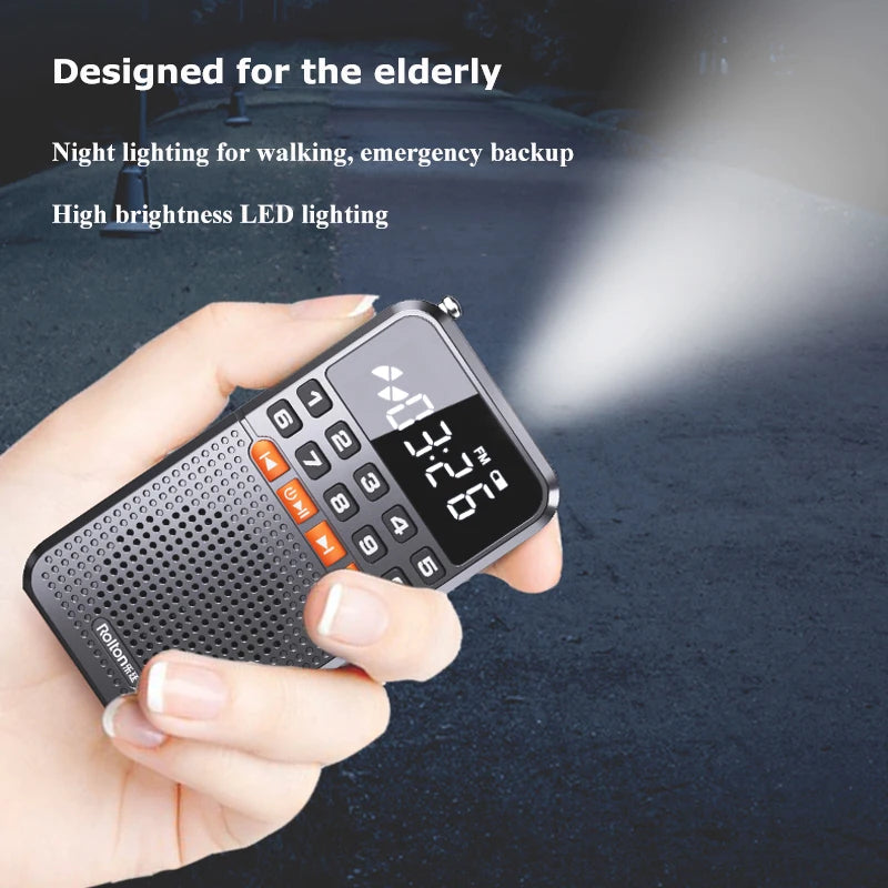 Portable FM Mini Radio Dual Antenna Pocket Radio Receiver Bluetooth 5.0 Speaker Music Player with LED  Flashlight