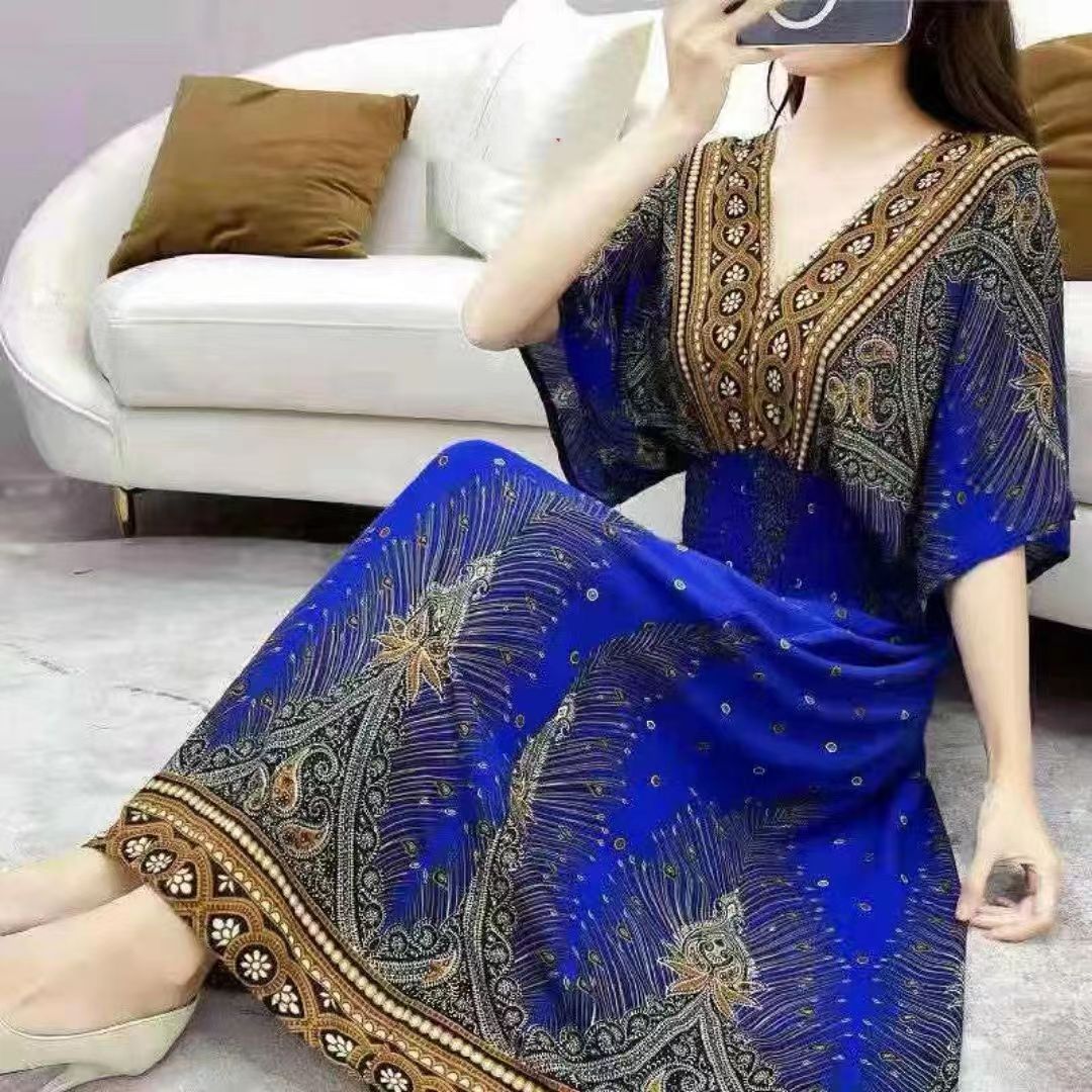 Casual Elegant V-neck Tunic Large Printed Dress Long Skirt