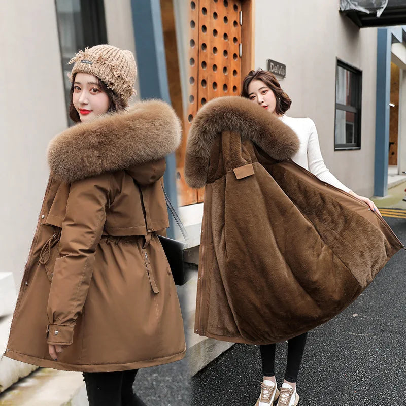 Women Fashion Wool Liner Hooded Parkas Winter Jacket with Fur Collar Warm Snow Wear