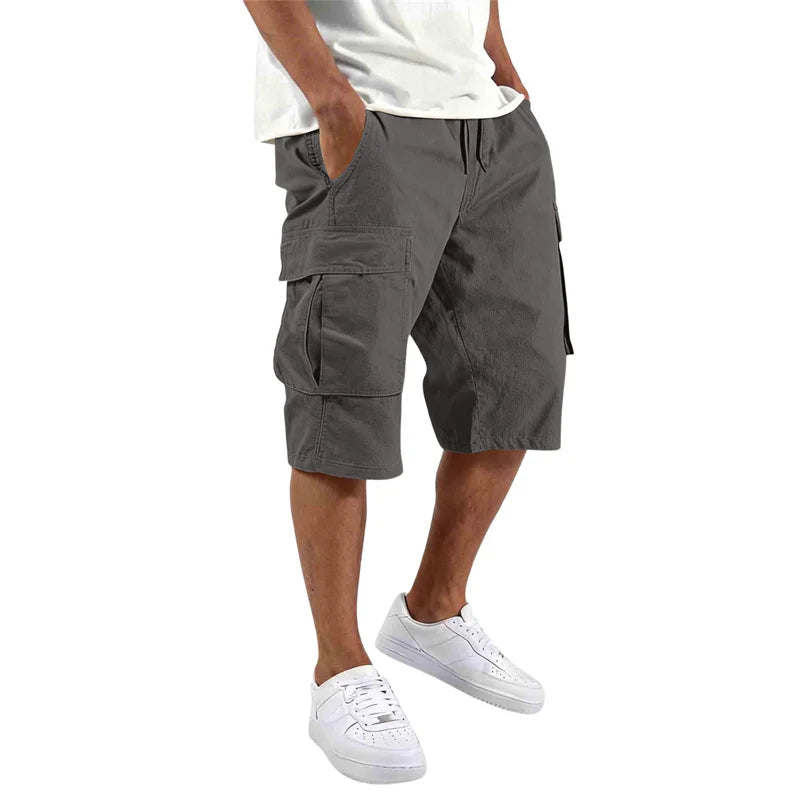 Summer loose straight Casual multi-pocket Shorts fashion Men drawstring daily cargo short pants