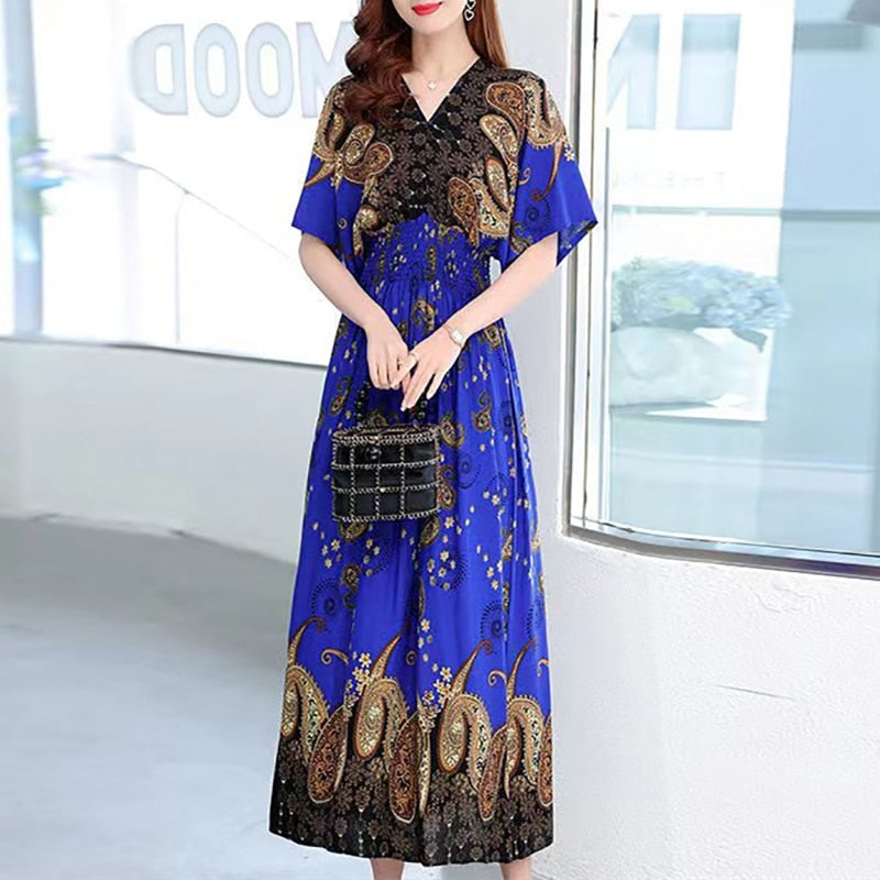 Casual Elegant V-neck Tunic Large Printed Dress Long Skirt