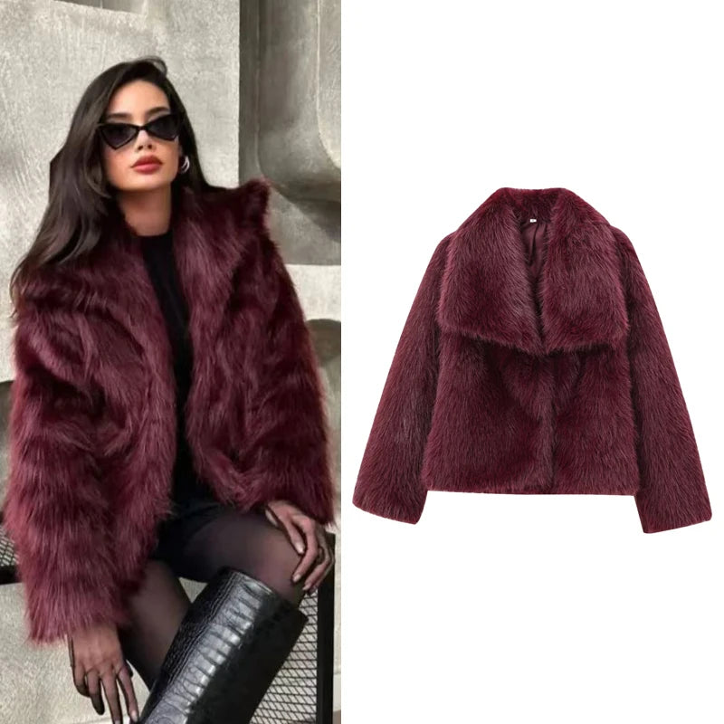 Women's Fur Coat Plush Burgundy Bomber Jacket Solid Crop Long Sleeve Jacket Warm Winter Coats Woman Casual Coats