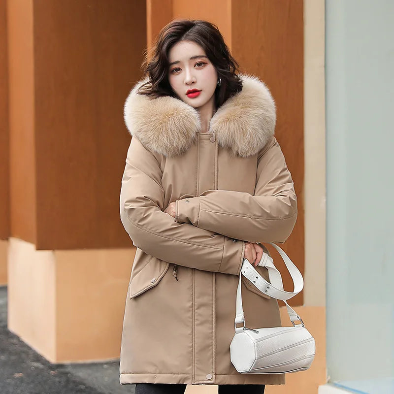 Women Fashion Wool Liner Hooded Parkas Winter Jacket with Fur Collar Warm Snow Wear