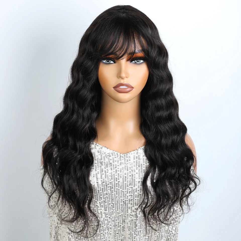 Lekker Body Wave 100% Human Hair Wigs With Bangs For Women Brazilian Long Wavy Daily Black Wigs