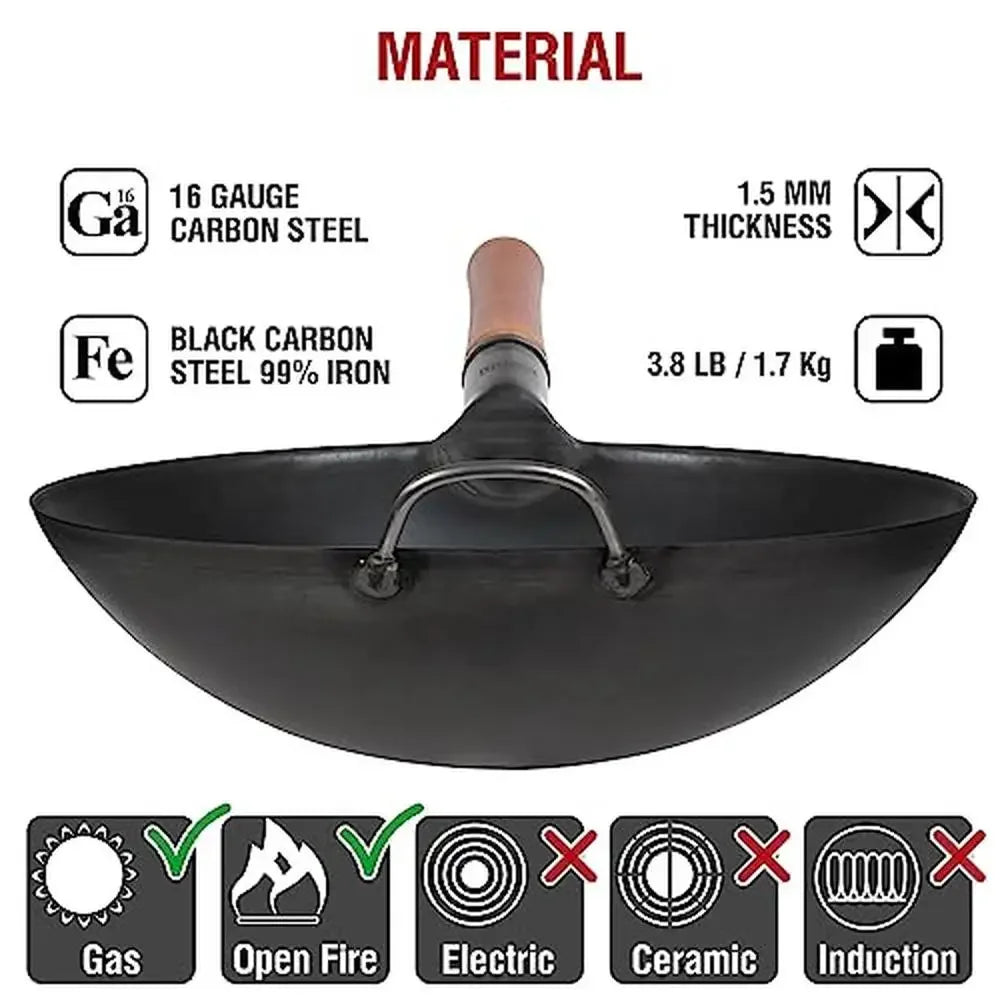 Carbon Steel Wok Pan Traditional Japanese Chinese Stir Fry BBQ Grill Gas Stovetop Compatible Pan Pre-Seasoned