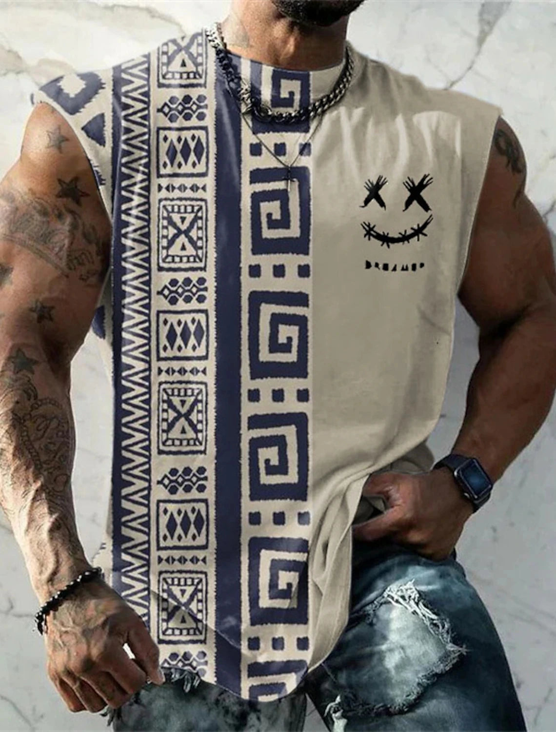 Summer Men Vest T Shirt Patterned Tribal Round Neck Clothing Daily Fitness Sports Vintage Sleeveless Printed Top