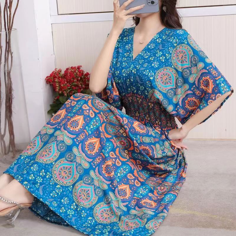 Casual Elegant V-neck Tunic Large Printed Dress Long Skirt