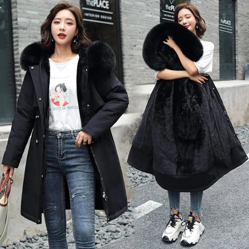 Winter Jacket Women Long Coat Wool Liner Hooded Fur Collar Thick Warm Snow Wear Padded Parka