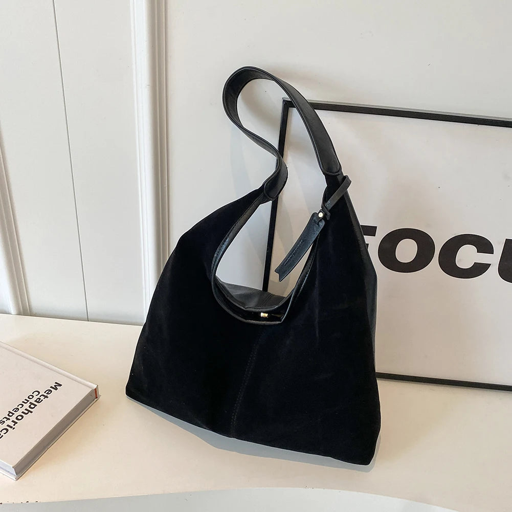 Retro Suede Large Capacity Bucket Bag Women's Casual Commuter Tote Shoulder Bag Magnetic Closure Zipper PU Leather Handbag