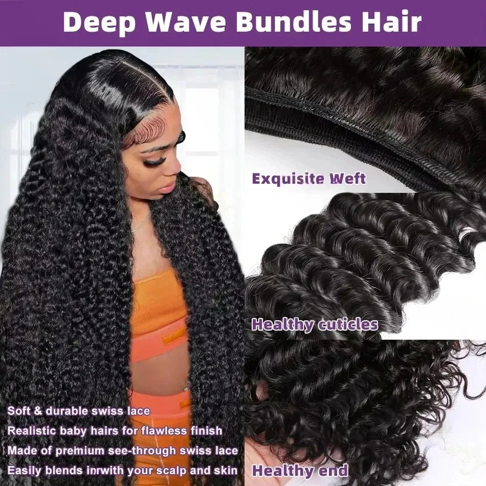 32 34 Inch Deep Wave Human Hair Unprocessed Water Wave Curly Hair Extensions Bundles
