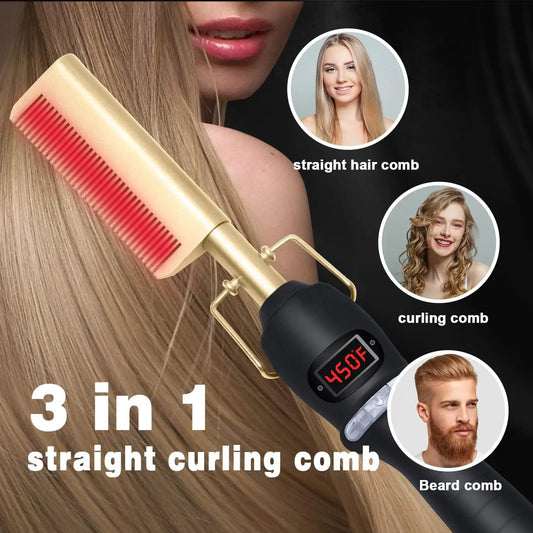 3 Modes Hair Comb Hair Straightener and Curler Hot Heating Electric Flat Iron Straightening Curling Brush Curle