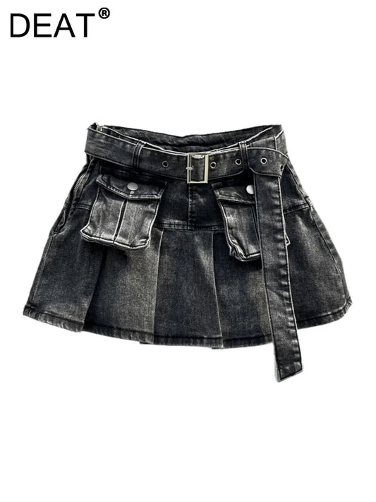 Women Denim Skirt Belt With Pockets Solid Color Pleated Vintage Washed Short A-line Mini Skirt 2024 Summer Fashion