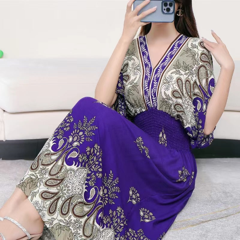 Casual Elegant V-neck Tunic Large Printed Dress Long Skirt