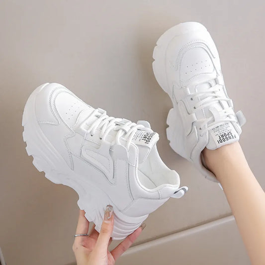 White Platform Women's Sneakers Autumn Lace-Up Thick Bottom Sports Breathable Walking Shoes