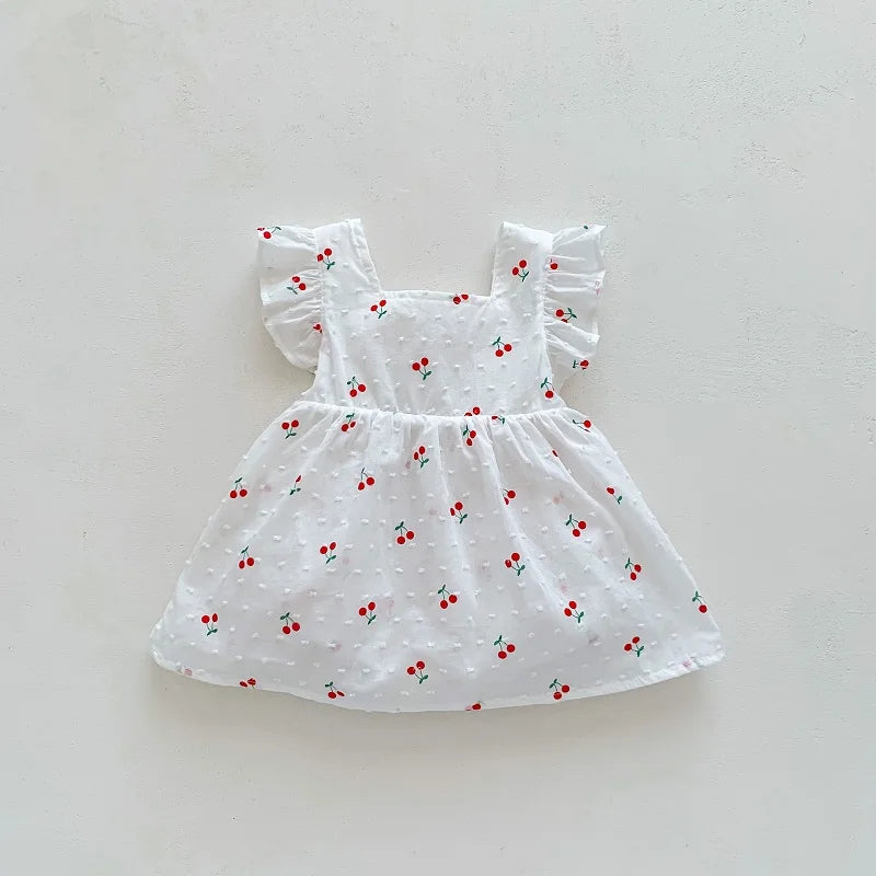 Cute Baby Girl Dress Romper Newborn Princess Fly Sleeve Cherry Print Cotton Skirted Bodysuit One-Pieces