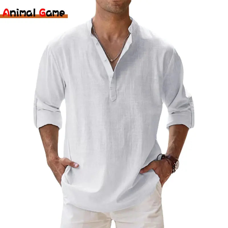 Men's Cotton Linen Casual Shirts Lightweight Long Sleeve Henley Beach Hawaiian T Shirts