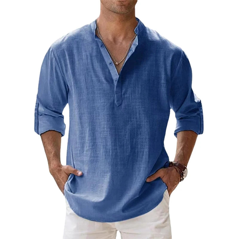 Men's Cotton Linen Casual Shirts Lightweight Long Sleeve Henley Beach Hawaiian T Shirts