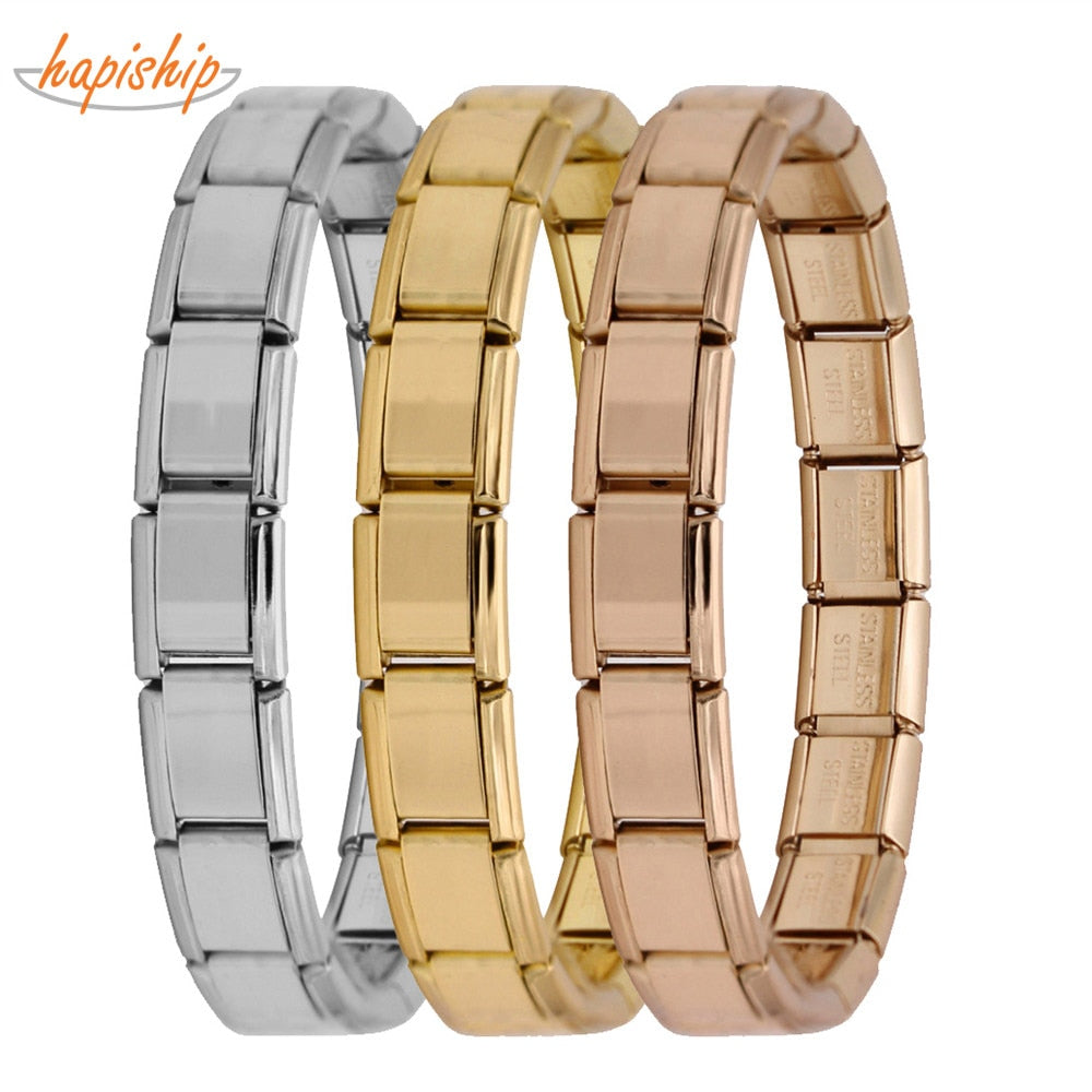 Hapiship New Women Jewelry 9mm Width Itanlian Elastic Charm Bracelet Fashion Stainless Steel Bangle