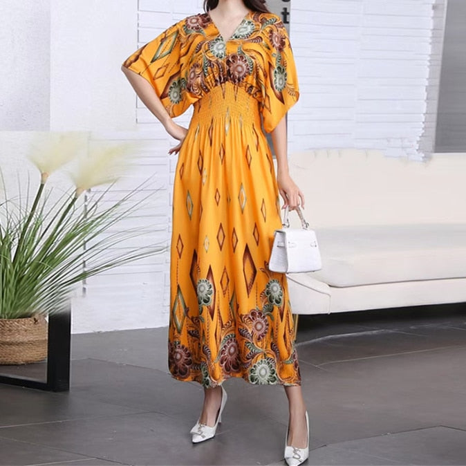 Casual Elegant V-neck Tunic Large Printed Dress Long Skirt