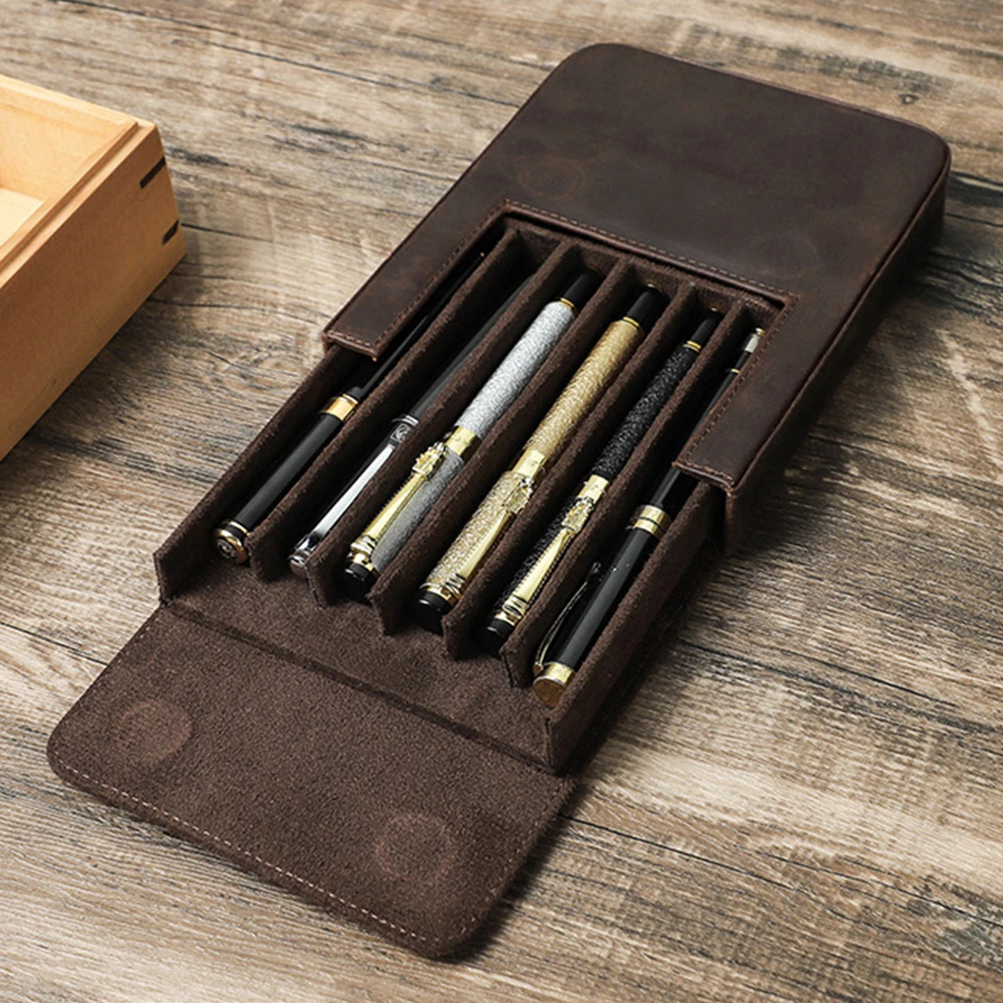 Genuine Leather 6 Slots Hard Fountain Pen Case Storage Box Organizer school office supplies student Gift