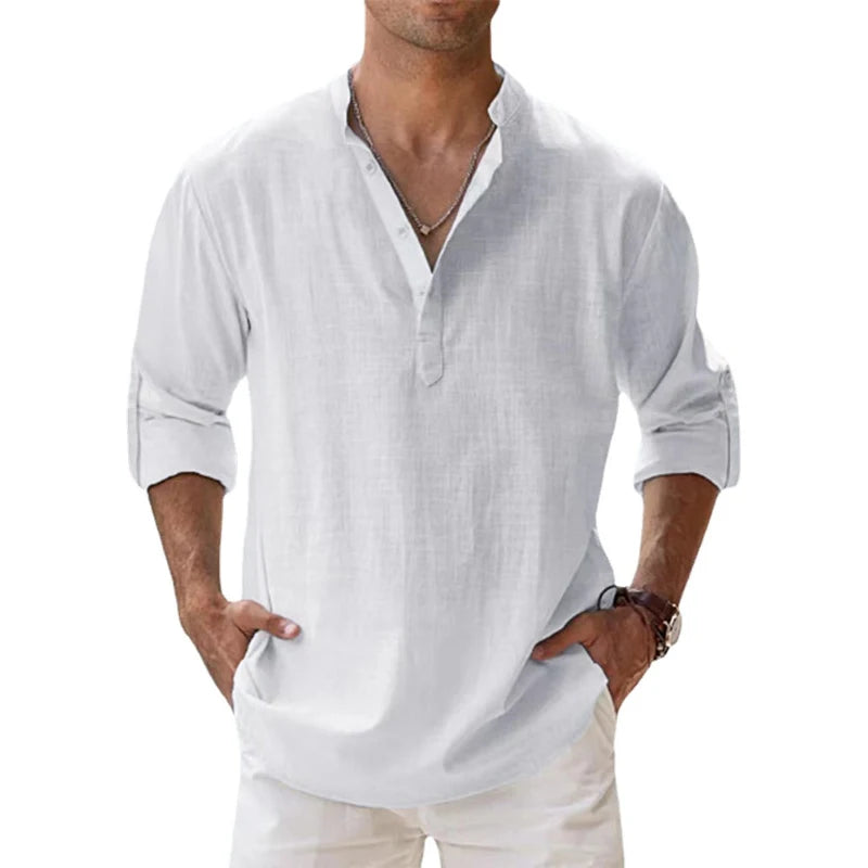 Men's Cotton Linen Casual Shirts Lightweight Long Sleeve Henley Beach Hawaiian T Shirts