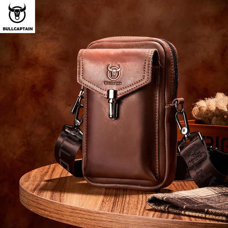 BULLCAPTAIN Men's Crazy Horse Leather Waist Bag Multifunctional 7-inch Mobile Phone Shoulder Messenger Bag Brown Vintage Style