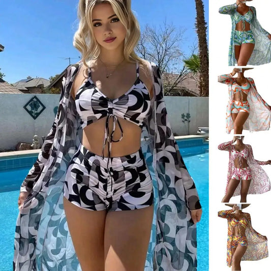 Women Swimsuit Set Adjustable Drawstring Tops High Waist Swimming Shorts Long Sleeve Printing Cover Up Set