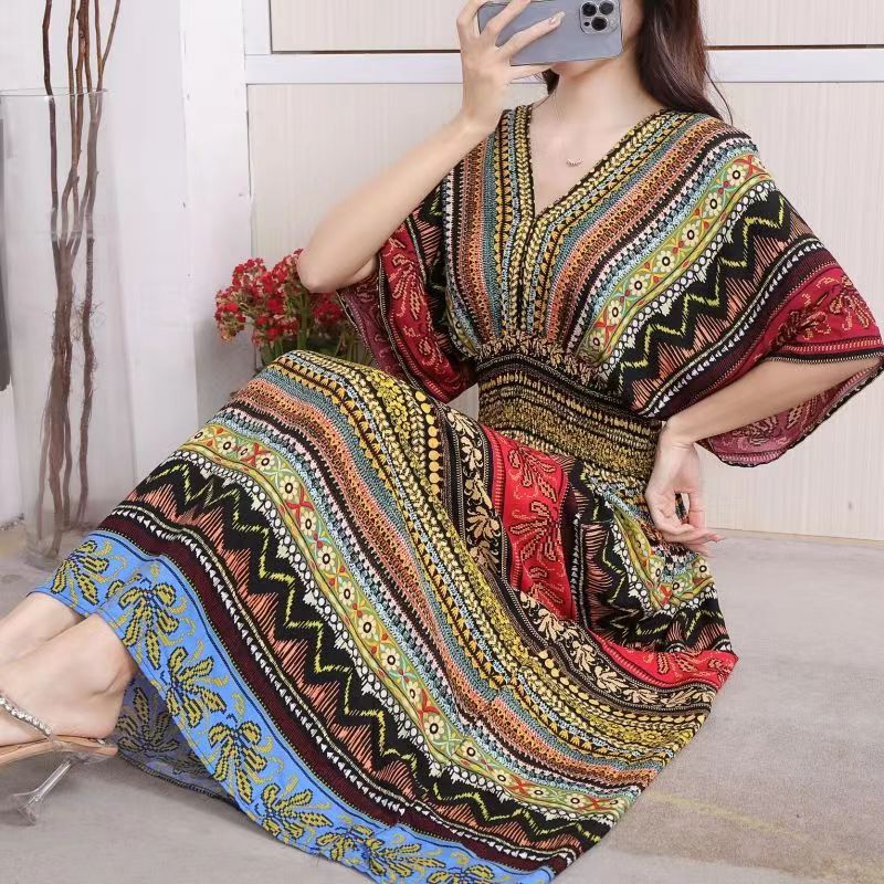 Casual Elegant V-neck Tunic Large Printed Dress Long Skirt