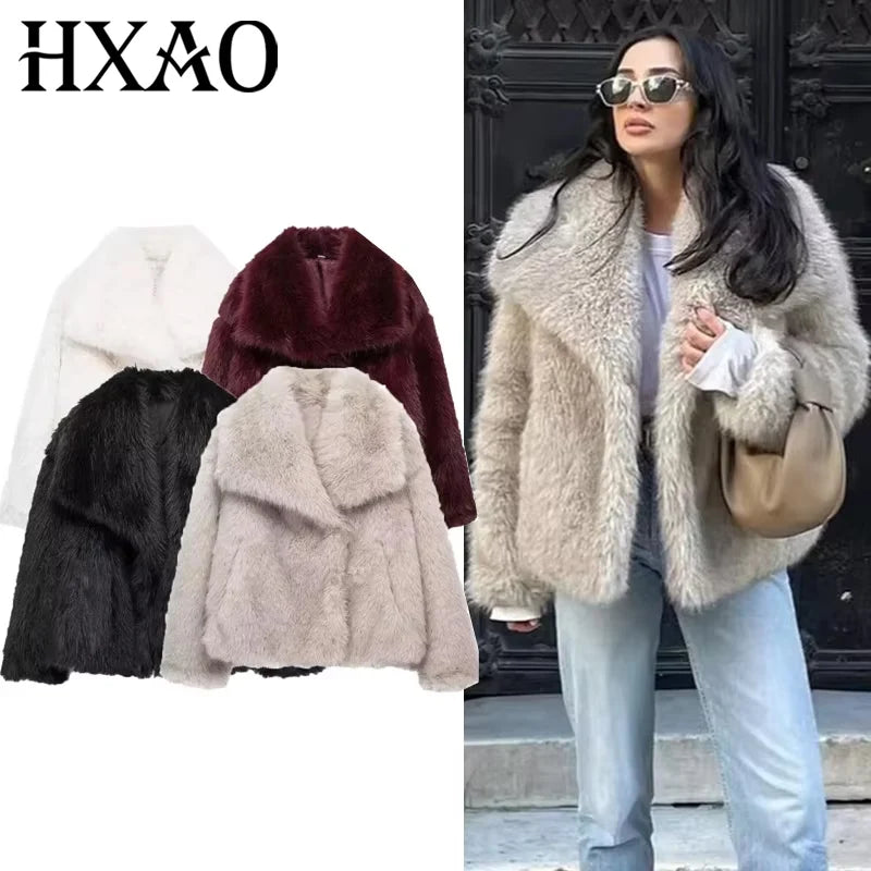 Women's Faux Fur Coat Autumn Winter Plush Fluffy Jacket Casual Turn-Down Collar Covered Button Closure Wool Blends Outerwear