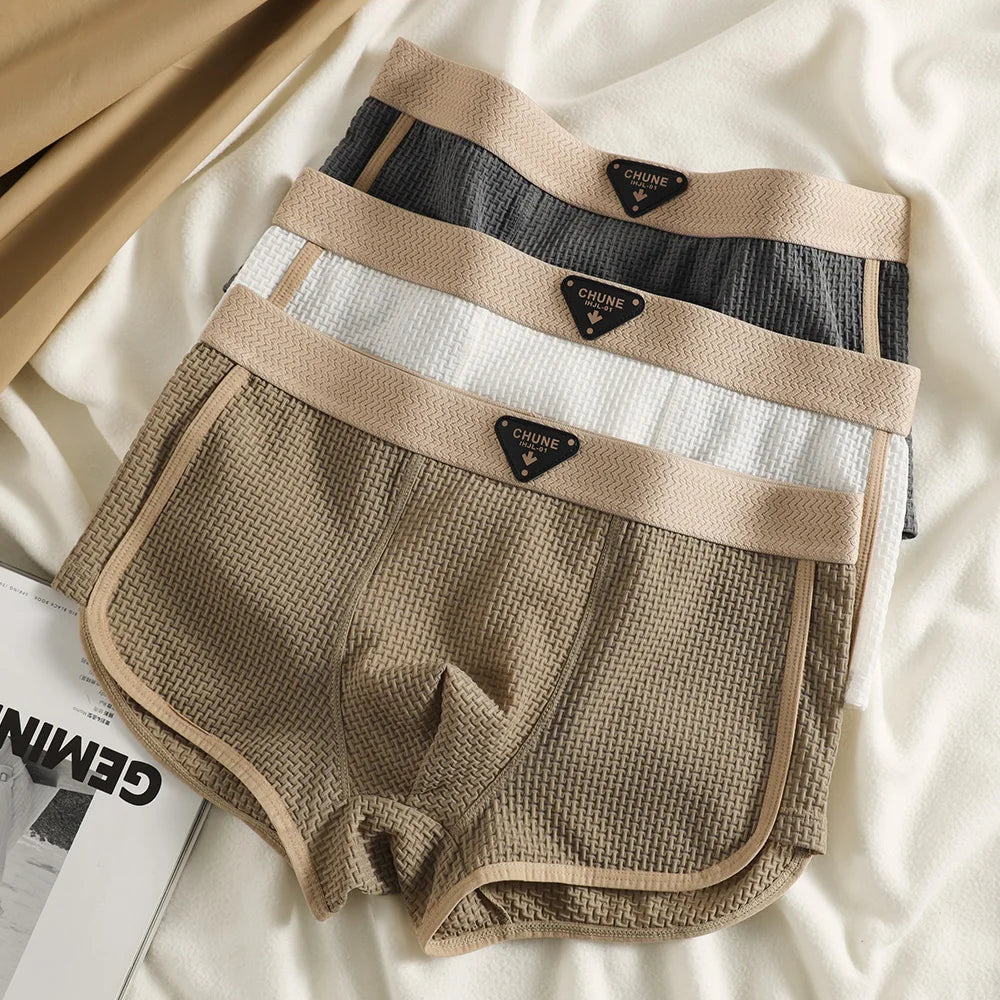 Fashion Ice Silk Knitted Plaid Boxers Breathable Comfort 3Pcs Pack Super Soft Men Panties