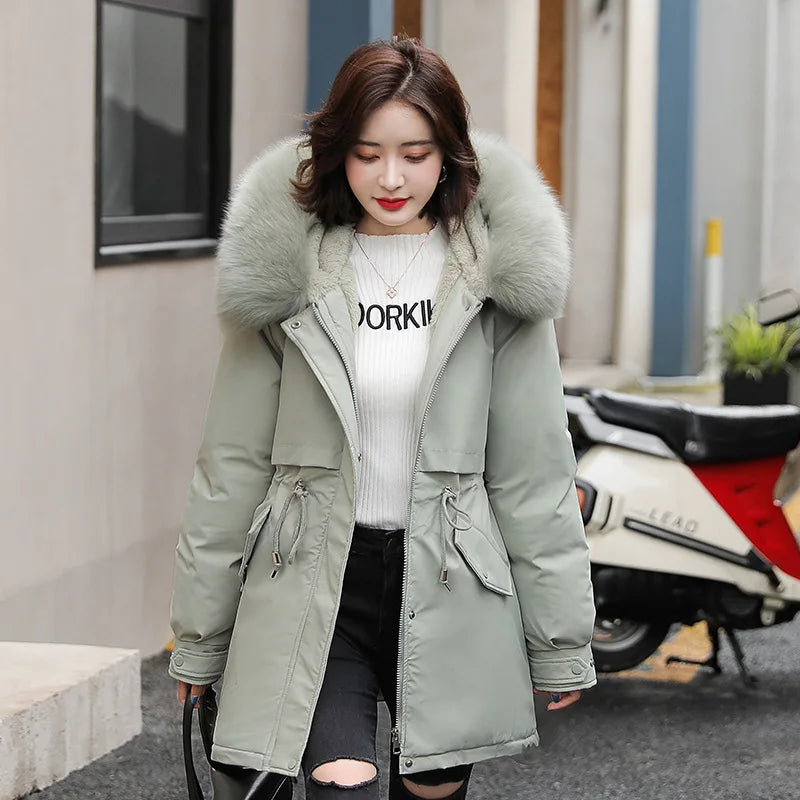 Women Fashion Wool Liner Hooded Parkas Winter Jacket with Fur Collar Warm Snow Wear