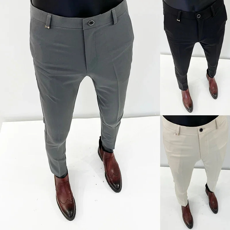 Men Suit Pants Formal Trousers Stretch Slim Solid Color Full Length Pants Men Clothing