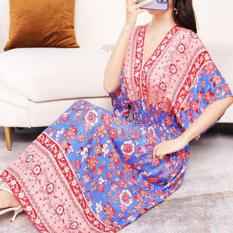 Casual Elegant V-neck Tunic Large Printed Dress Long Skirt