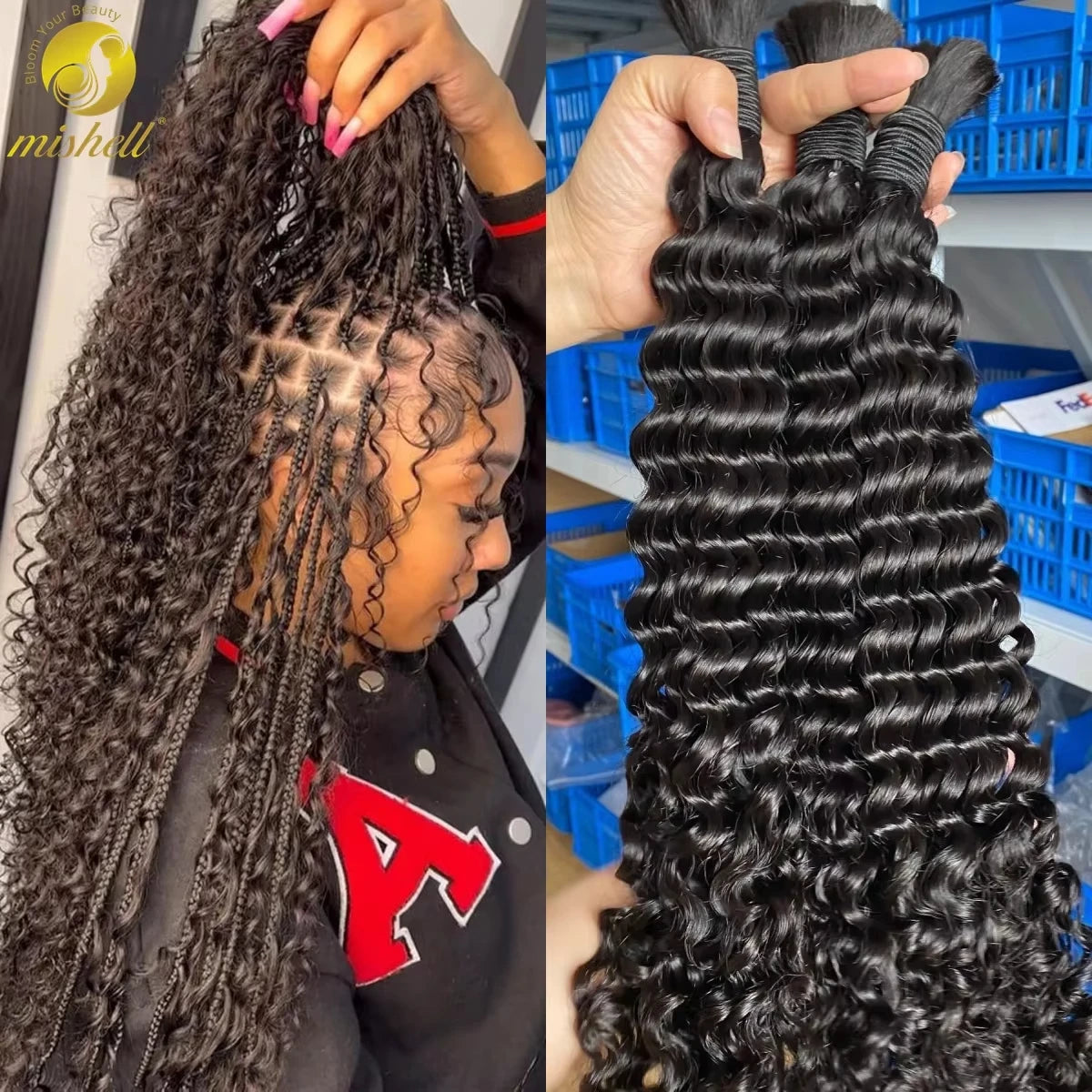 Natural Human Braiding Hair Deep Water Wave Bulk Virgin Curly Hair Extensions for Boho Braids