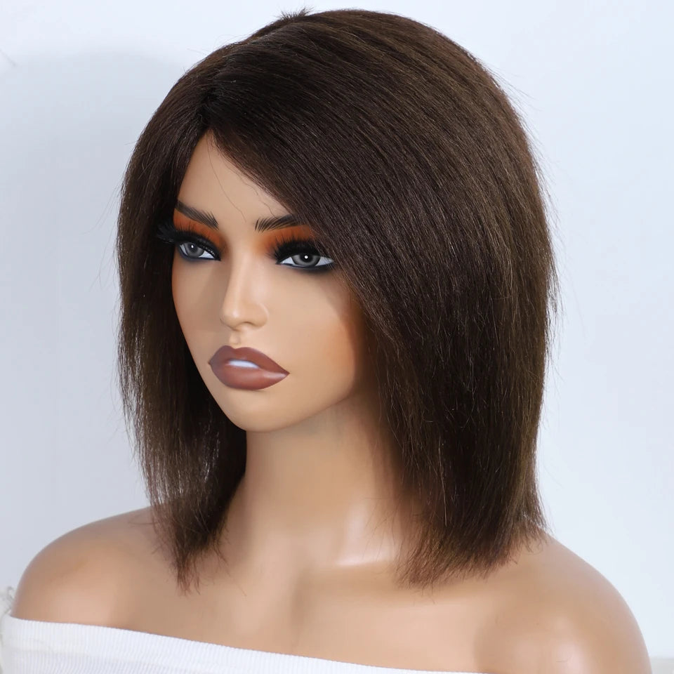 Short Kinky Straight Bob Glueless Ready to Wear Human Hair Wigs For Women Brazilian Hair Natural Brown 12" Bob Wigs