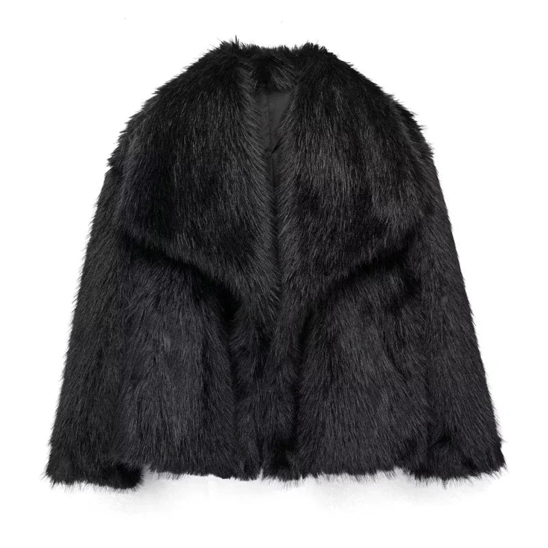 Women's Faux Fur Coat Autumn Winter Plush Fluffy Jacket Casual Turn-Down Collar Covered Button Closure Wool Blends Outerwear