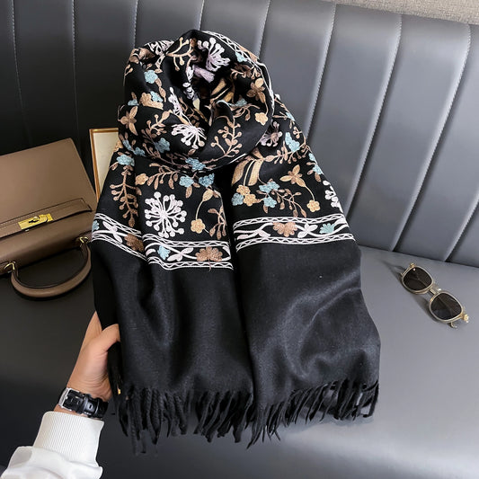 Women's Winter Warm Cashmere Scarf Embroidery Thick Shawl Wrap Blanket Accessory