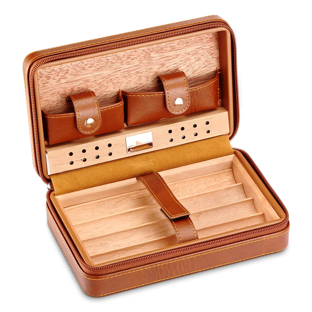 Portable Humidor Cigar Box Travel Cigar Case Leather Cedar Wood Cigar Humidor Box W/ Cutter Lighter Puro Set Accessories