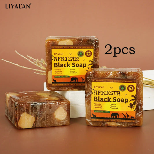 2pcs African Black Soap Reduce Acne Anti Rebelles Smooth Blemish Shea Butter Face Moisturizing Clean Brighten Handmade Skincare