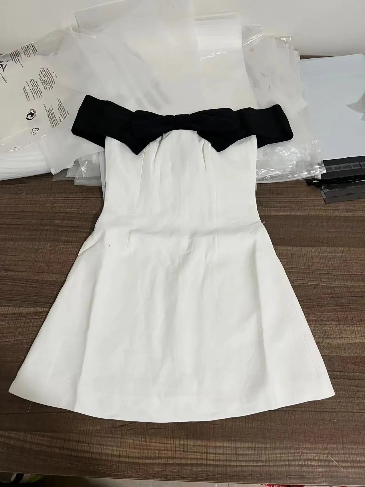 PREPOMP Summer Sleeveless Black Bow Strapless High Waist White Slim Short Dress Women