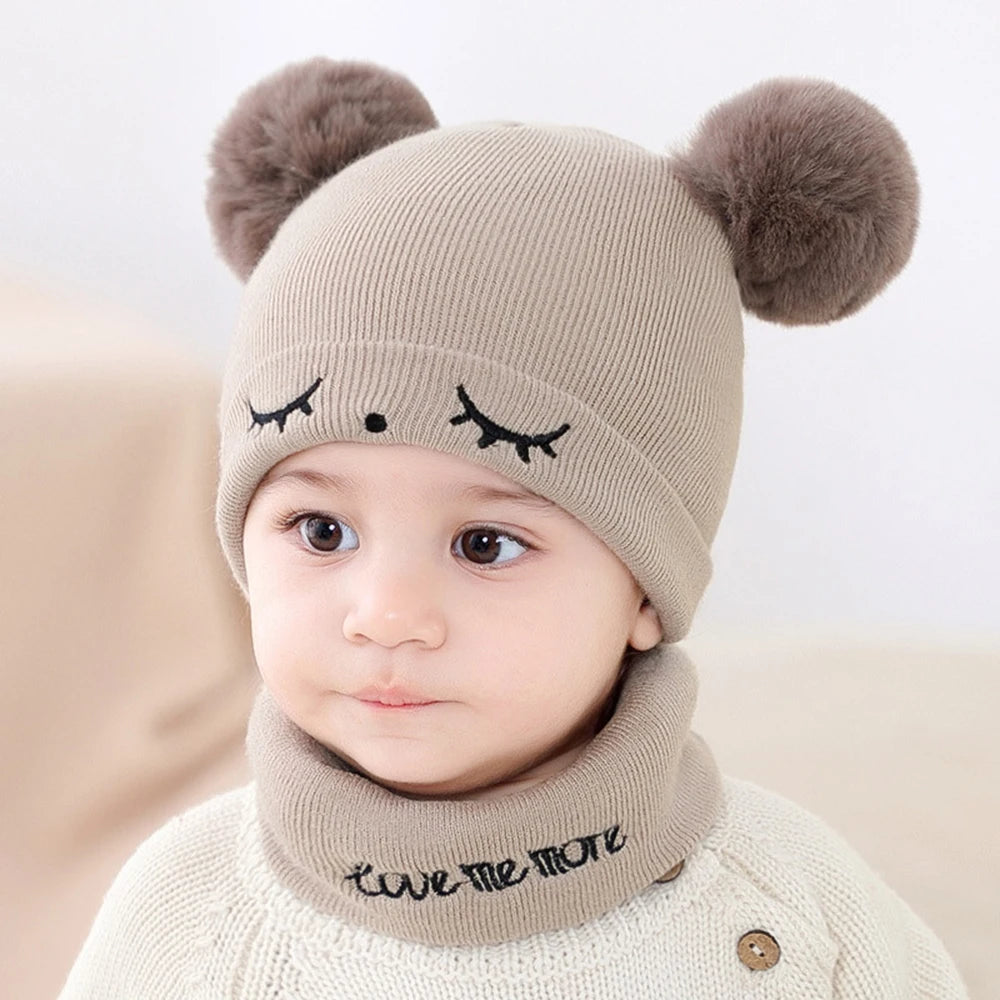 Autumn Winter Warm Baby Hat Scarf Set Solid Color Girl Boy Embroidery Infant Toddler Beanies For Kids