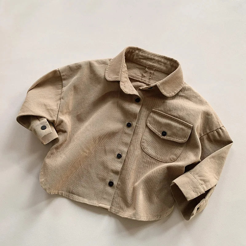 2023 New Children Long Sleeve Shirts Jacket Baby Pocket Coat Fashion Girls Cardigan Vintage Kids Jacket Boys Coat Autumn Clothes